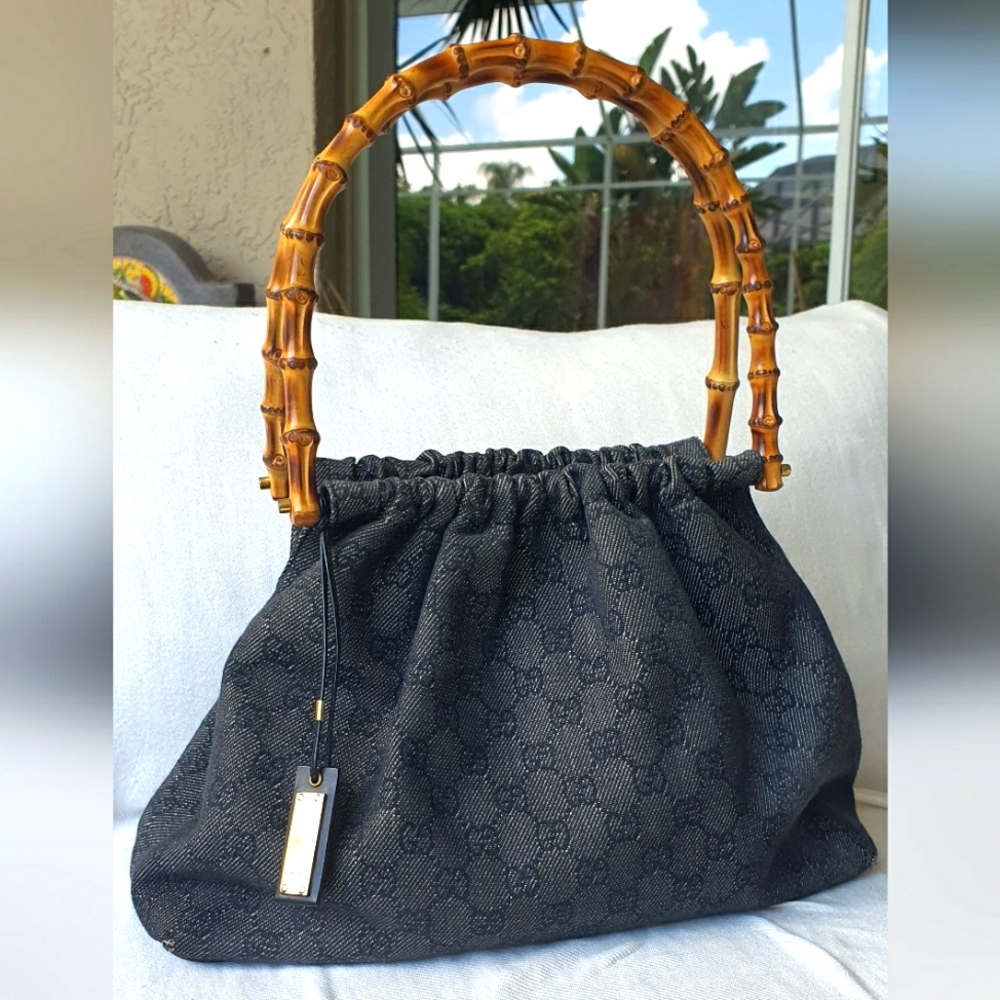 Gucci Canvas Leather Bamboo Handle Bag